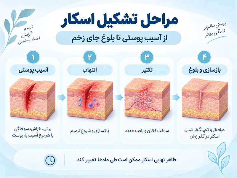 اینفوگرافیک مراحل تشکیل اسکار از آسیب پوستی تا التهاب، ساخت کلاژن و بلوغ جای زخم